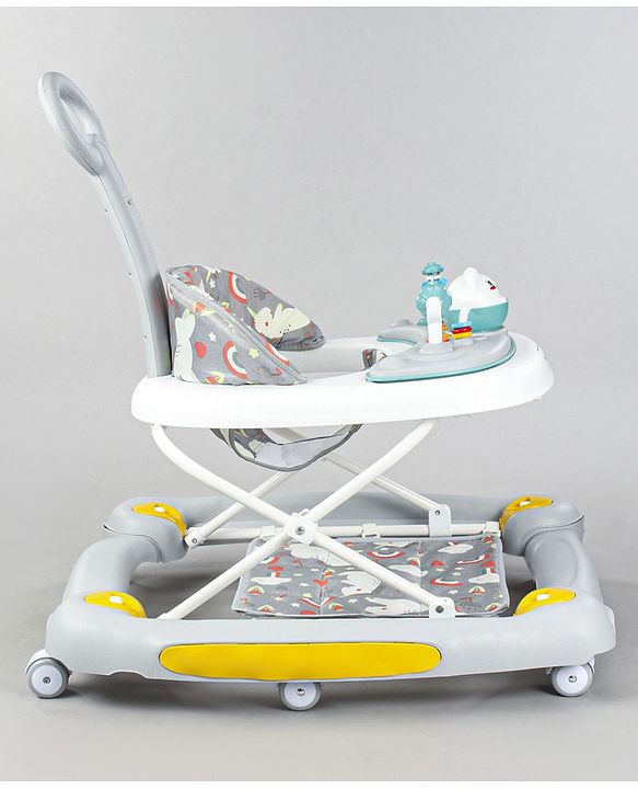 Babyhug Unicorn Foldable Baby Walker Cum Rocker With Parent Push Handle & Sun Shade - Grey