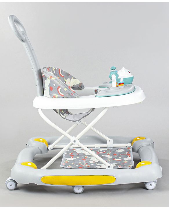 Babyhug Unicorn Foldable Baby Walker Cum Rocker With Parent Push Handle & Sun Shade - Grey