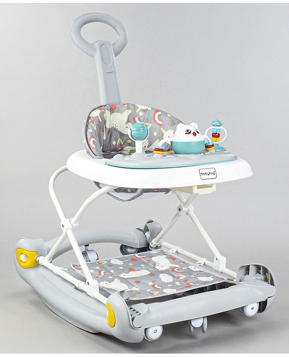 Babyhug Unicorn Foldable Baby Walker Cum Rocker With Parent Push Handle & Sun Shade - Grey