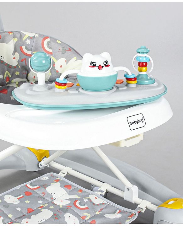 Babyhug Unicorn Foldable Baby Walker Cum Rocker With Parent Push Handle & Sun Shade - Grey