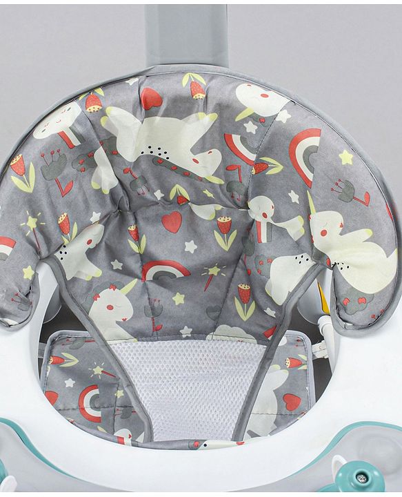 Babyhug Unicorn Foldable Baby Walker Cum Rocker With Parent Push Handle & Sun Shade - Grey