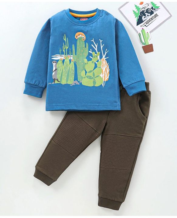 Babyhug Full Sleeves T-Shirt & Lounge Pant cactus Print - Blue & Olive Green