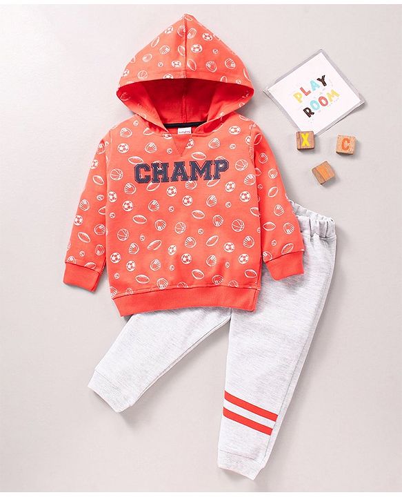 Babyhug 100% Cotton Hooded T-Shirt And Lounge Pant Football Print - Orange Ecru