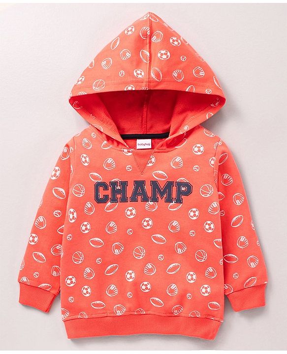 Babyhug 100% Cotton Hooded T-Shirt And Lounge Pant Football Print - Orange Ecru
