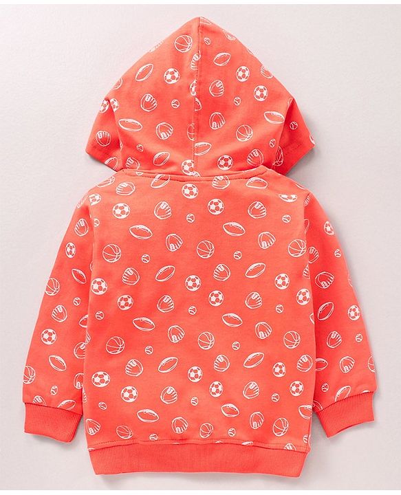 Babyhug 100% Cotton Hooded T-Shirt And Lounge Pant Football Print - Orange Ecru