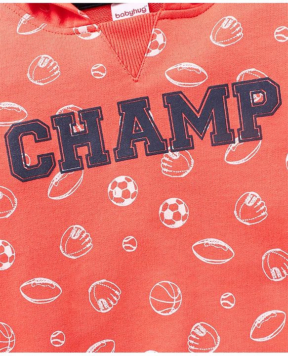 Babyhug 100% Cotton Hooded T-Shirt And Lounge Pant Football Print - Orange Ecru