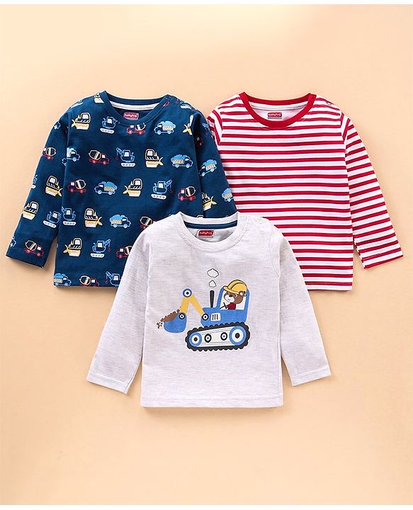 Babyhug Full Sleeves Tee Construction Vehicle Print Pack of 3 - Navy Blue Light Grey Red