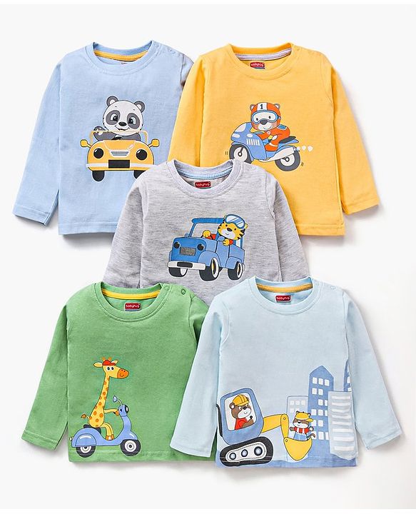 Babyhug Cotton Jersey Knit Full Sleeves T-Shirts Driving Cartoons Printed Pack of 5 - Multicolour