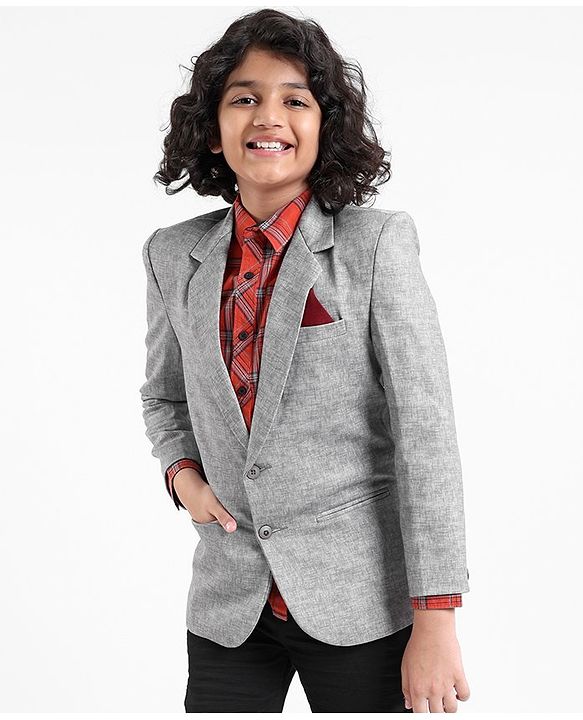 Pine Kids Full Sleeves Textured Blazer - Grey