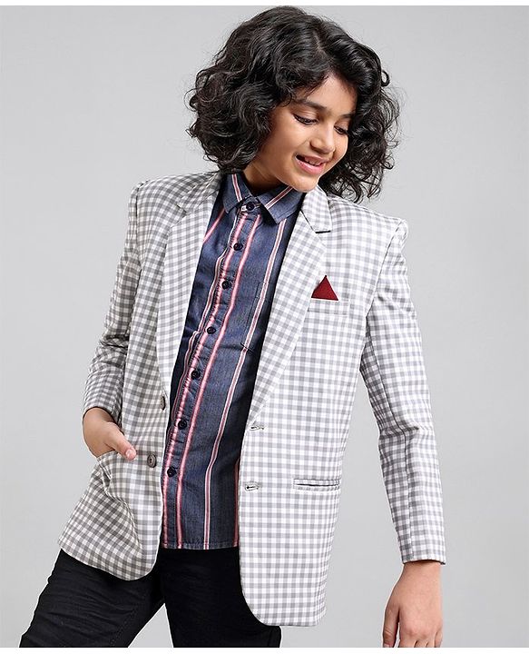 Pine Kids Full Sleeves Checked Blazer - Cream
