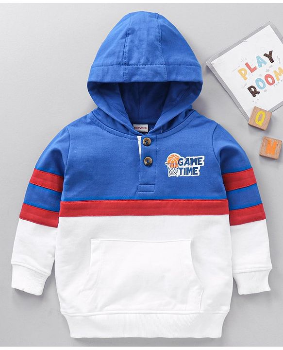 Babyhug Cotton Knit Full Sleeves Hooded Sweatshirt Basketball Print - White and Blue