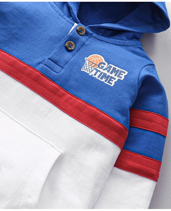 Babyhug Cotton Knit Full Sleeves Hooded Sweatshirt Basketball Print - White and Blue