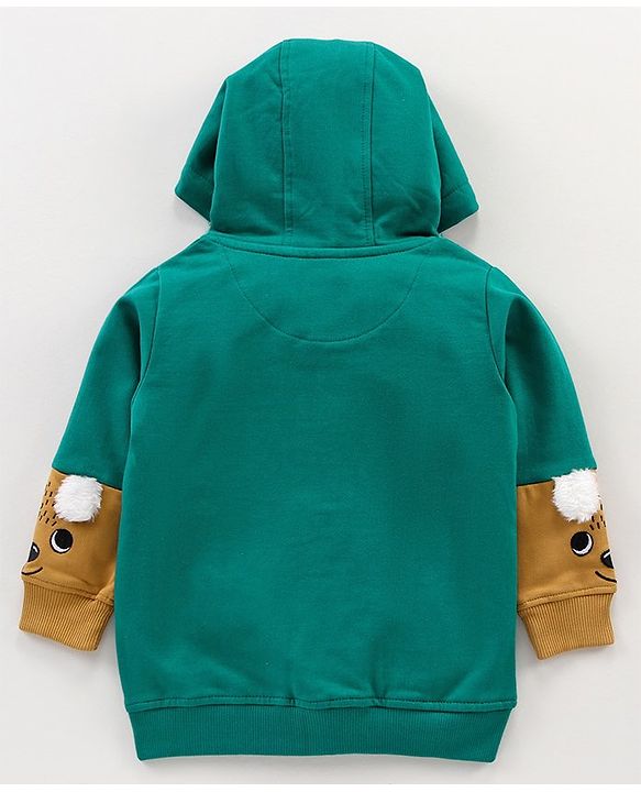 Babyhug Cotton Knit Full Sleeves Hooded HD Text Printed Sweat Jacket with Applique & Fur Detailing- Green