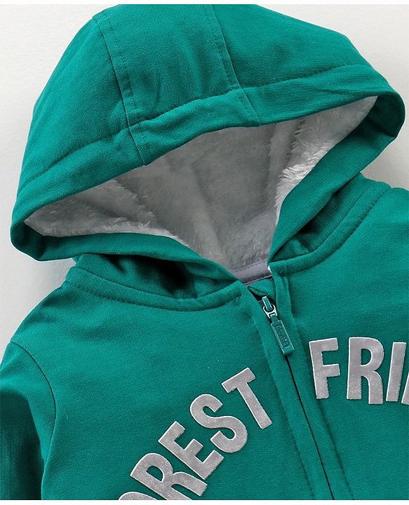 Babyhug Cotton Knit Full Sleeves Hooded HD Text Printed Sweat Jacket with Applique & Fur Detailing- Green