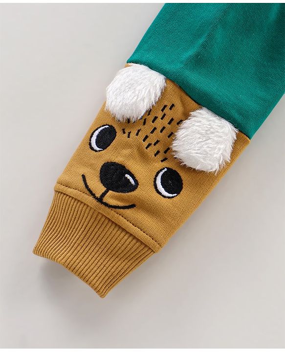 Babyhug Cotton Knit Full Sleeves Hooded HD Text Printed Sweat Jacket with Applique & Fur Detailing- Green
