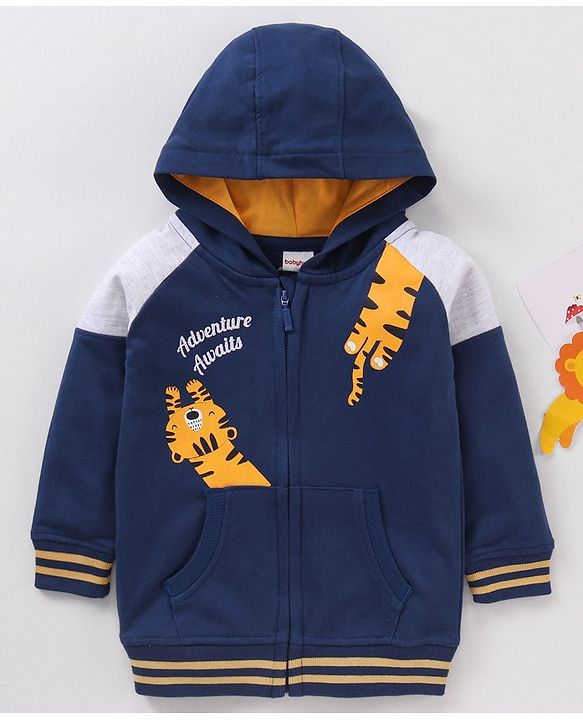 Babyhug Cotton Knit Full Sleeves Hooded Sweatshirt Text Print - Navy Blue