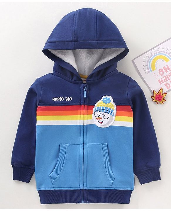 Babyhug Full Sleeves Cut & Sew Hooded Sweat Jacket With Print & Applique - Navy Blue