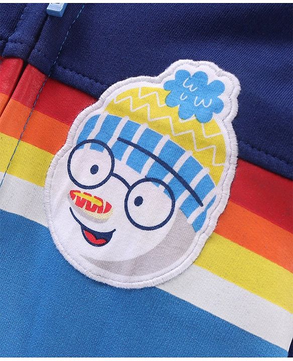 Babyhug Full Sleeves Cut & Sew Hooded Sweat Jacket With Print & Applique - Navy Blue