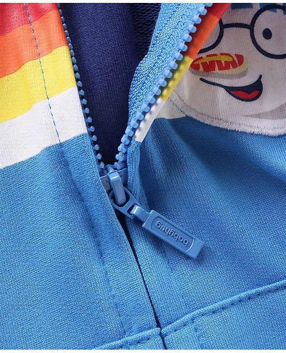 Babyhug Full Sleeves Cut & Sew Hooded Sweat Jacket With Print & Applique - Navy Blue