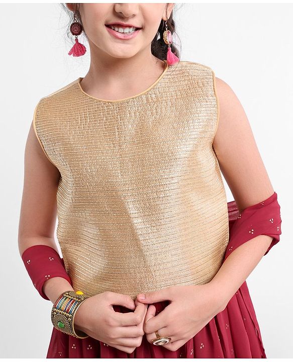 Pine Kids Sleeveless Choli & Sequin Embellished Lehenga Set - Red