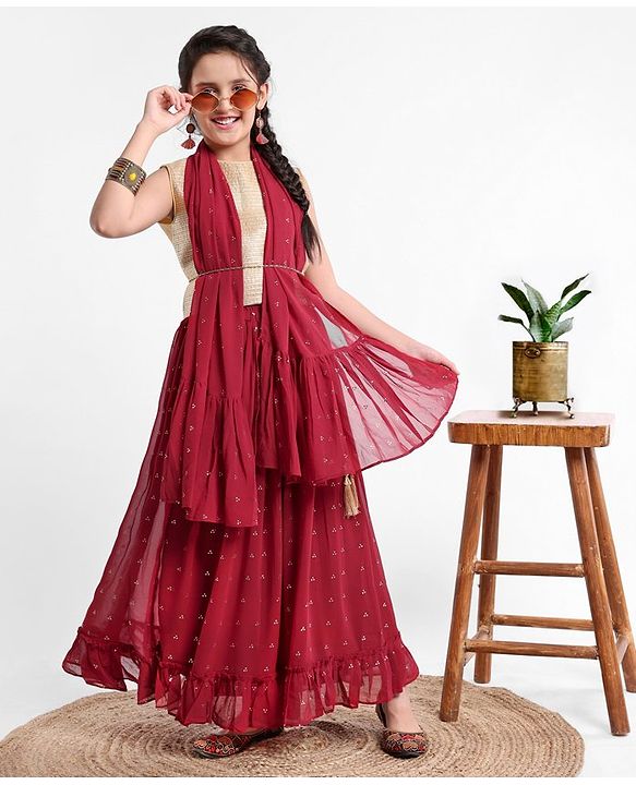 Pine Kids Sleeveless Choli & Sequin Embellished Lehenga Set - Red