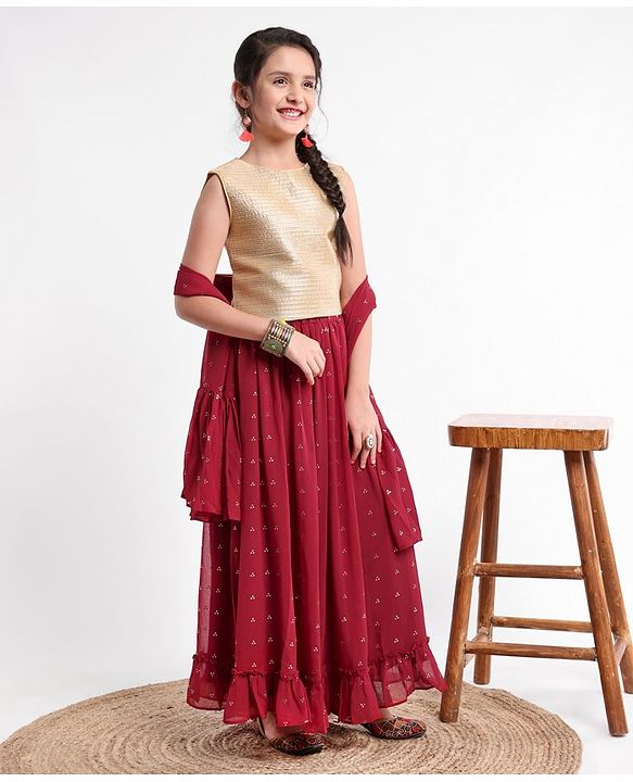 Pine Kids Sleeveless Choli & Sequin Embellished Lehenga Set - Red