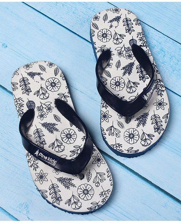 Pine Kids Flip Flops Floral Print- Navy White