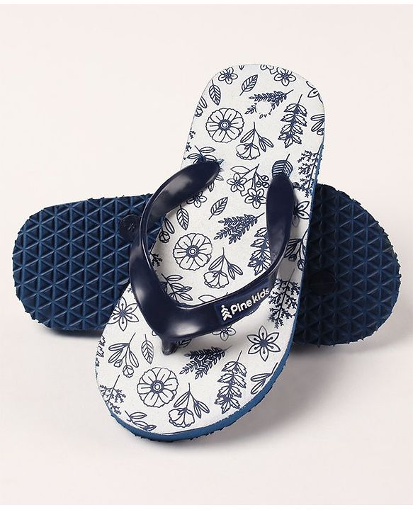 Pine Kids Flip Flops Floral Print- Navy White