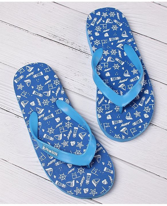 Pine Kids Slip On Flip Flops Sea Theme Print - French Blue