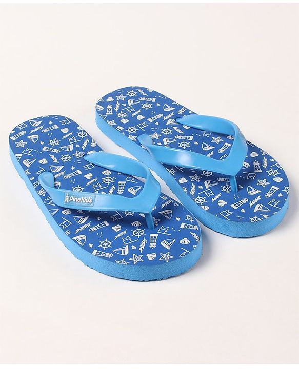 Pine Kids Slip On Flip Flops Sea Theme Print - French Blue