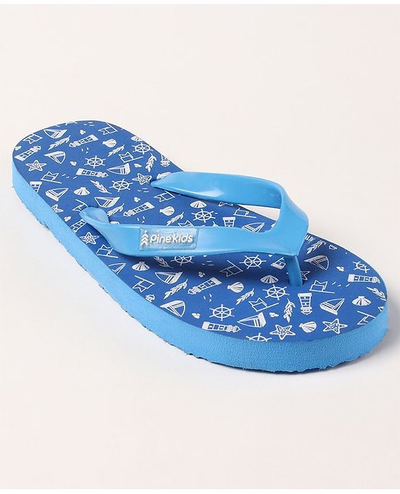 Pine Kids Slip On Flip Flops Sea Theme Print - French Blue