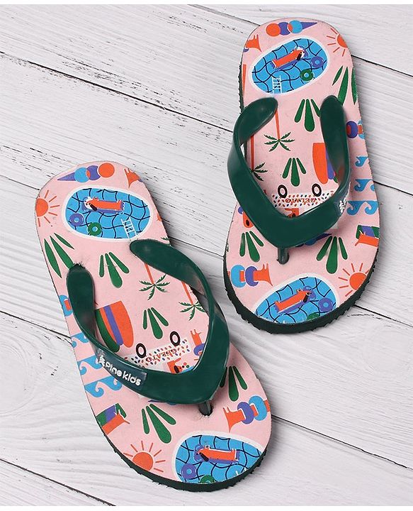 Pine Kids Slip On Flip Flops Beach Theme Print - Light Beige