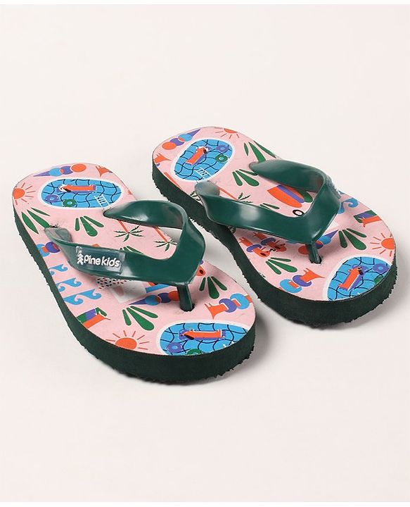 Pine Kids Slip On Flip Flops Beach Theme Print - Light Beige