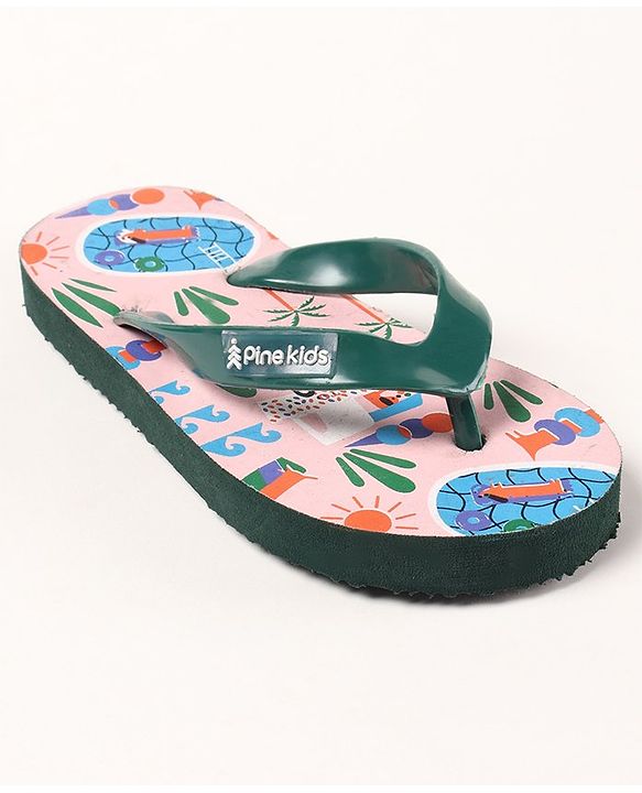 Pine Kids Slip On Flip Flops Beach Theme Print - Light Beige