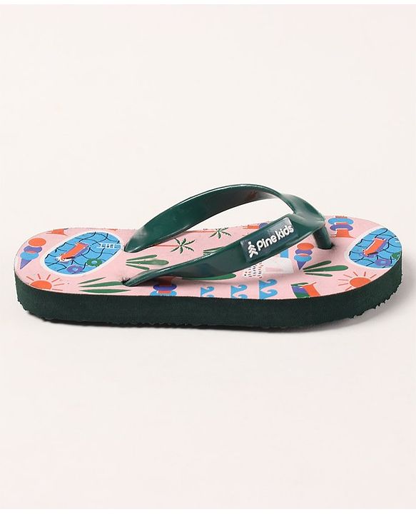 Pine Kids Slip On Flip Flops Beach Theme Print - Light Beige