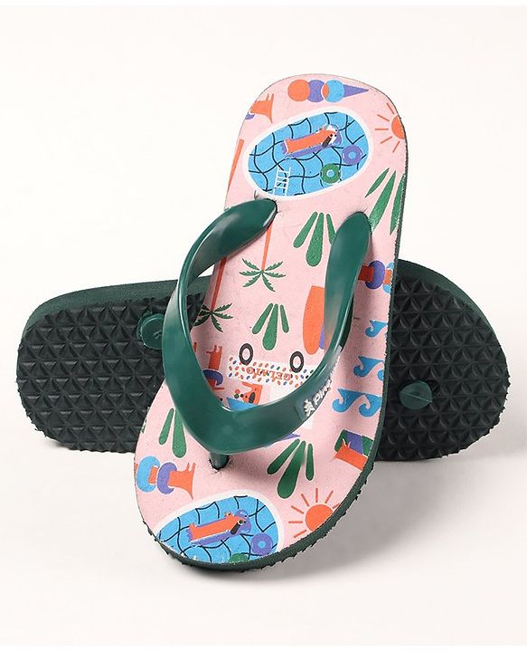 Pine Kids Slip On Flip Flops Beach Theme Print - Light Beige