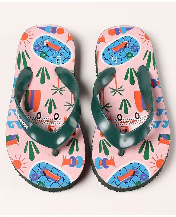 Pine Kids Slip On Flip Flops Beach Theme Print - Light Beige
