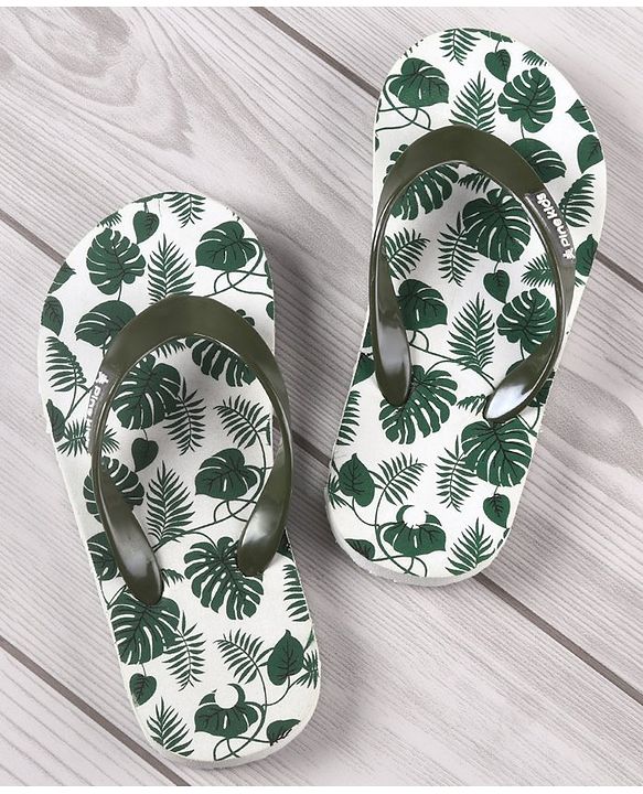 Pine Kids Flip Flops Leaves Print- Olive White