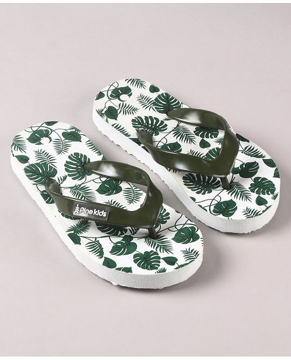 Pine Kids Flip Flops Leaves Print- Olive White