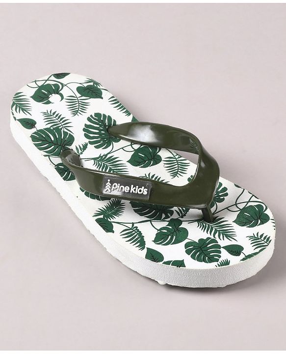 Pine Kids Flip Flops Leaves Print- Olive White