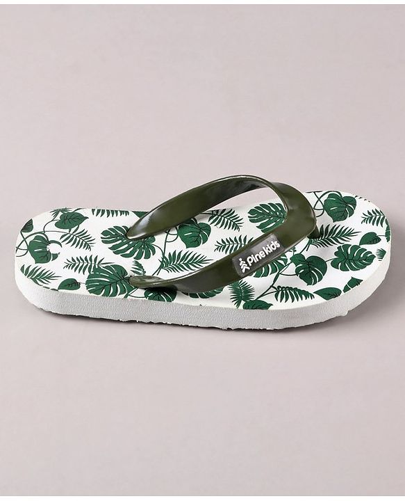 Pine Kids Flip Flops Leaves Print- Olive White