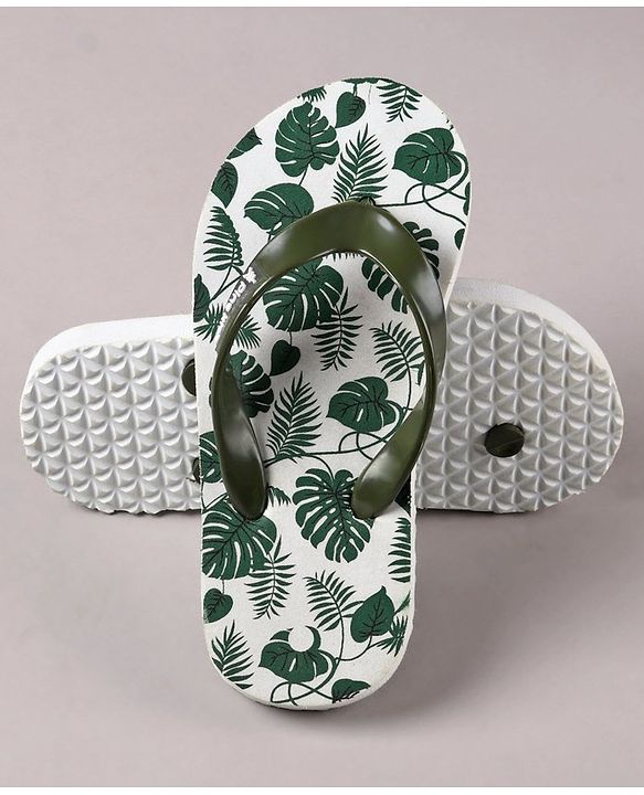 Pine Kids Flip Flops Leaves Print- Olive White