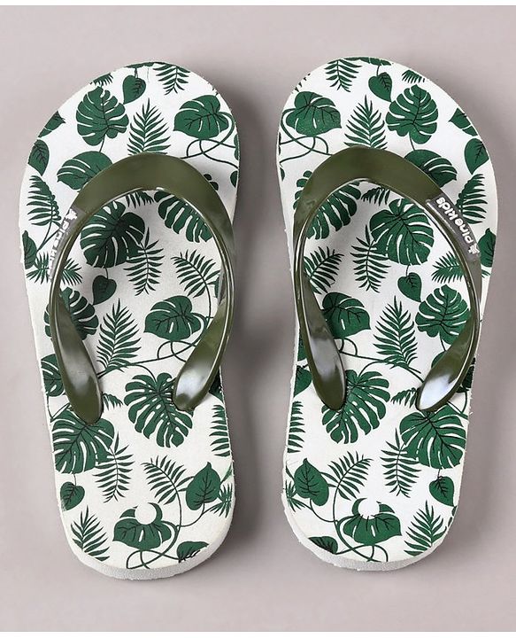 Pine Kids Flip Flops Leaves Print- Olive White