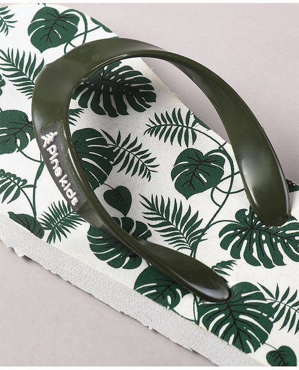 Pine Kids Flip Flops Leaves Print- Olive White