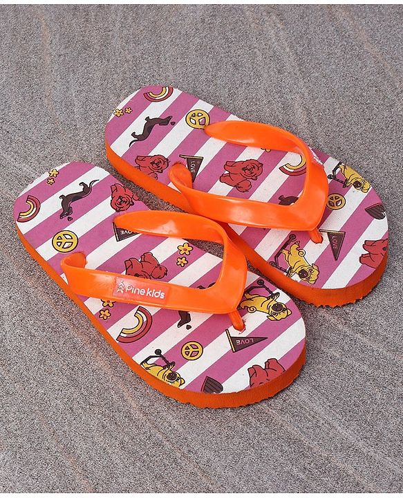Pine Kids Slip On Flip Flops Dogs & Stripes Print - Orange