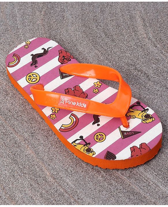 Pine Kids Slip On Flip Flops Dogs & Stripes Print - Orange