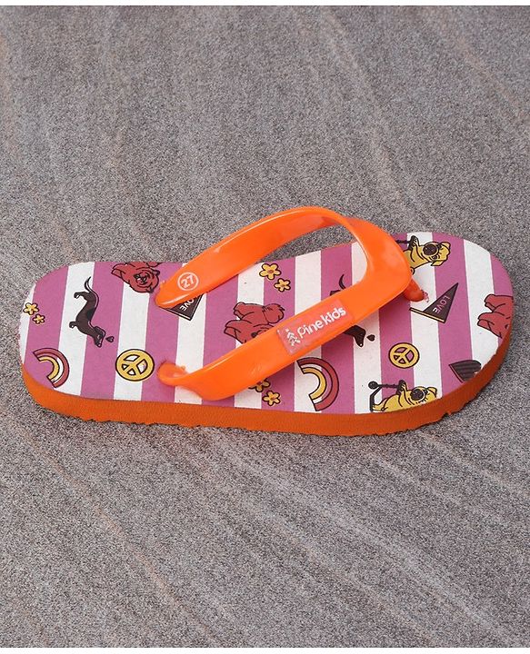 Pine Kids Slip On Flip Flops Dogs & Stripes Print - Orange