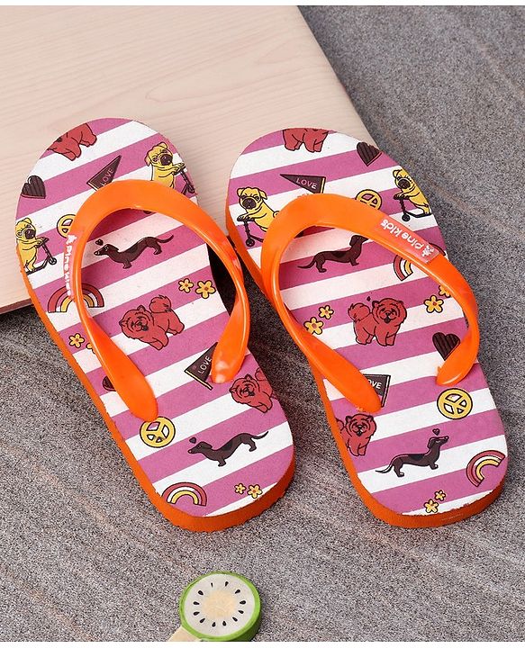 Pine Kids Slip On Flip Flops Dogs & Stripes Print - Orange