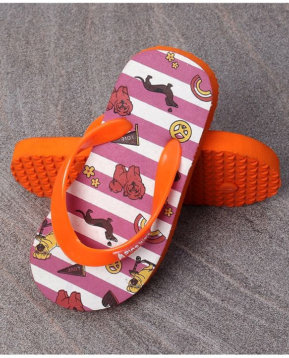 Pine Kids Slip On Flip Flops Dogs & Stripes Print - Orange