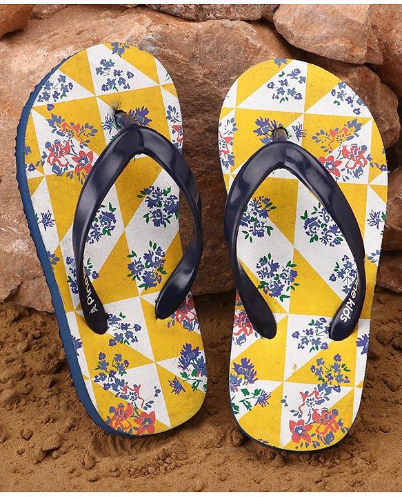 Pine Kids Slip On Flip Flops Floral Print - Yellow Navy Blue